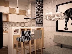 SALON + KUCHNIA - Mała otwarta z salonem biała z zabudowaną lodówką kuchnia jednorzędowa z wyspą lub półwyspem, styl vintage - zdjęcie od Ada Wrońska