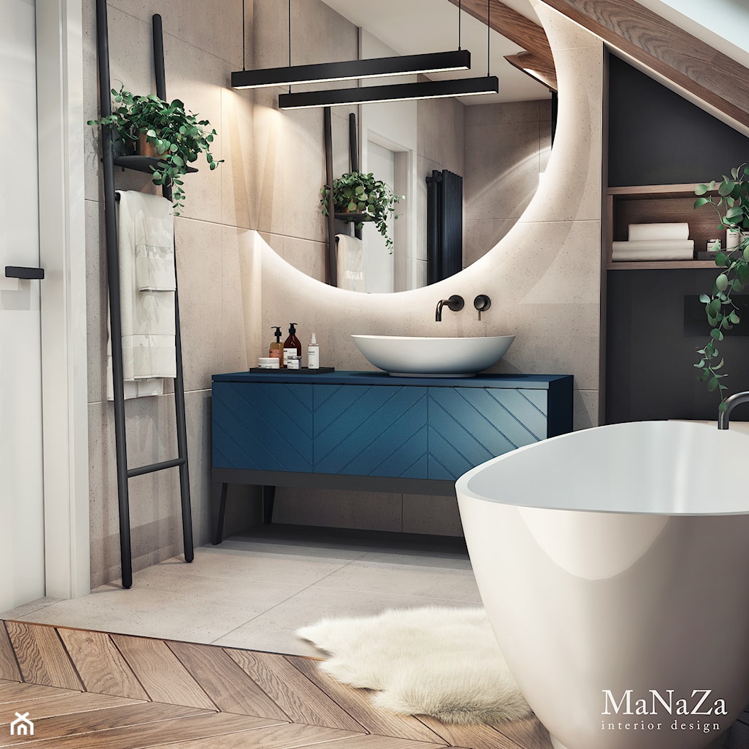 Łazienka na poddaszu - Średnia na poddaszu z lustrem łazienka z oknem, styl nowoczesny - zdjęcie od MaNaZa - Homebook