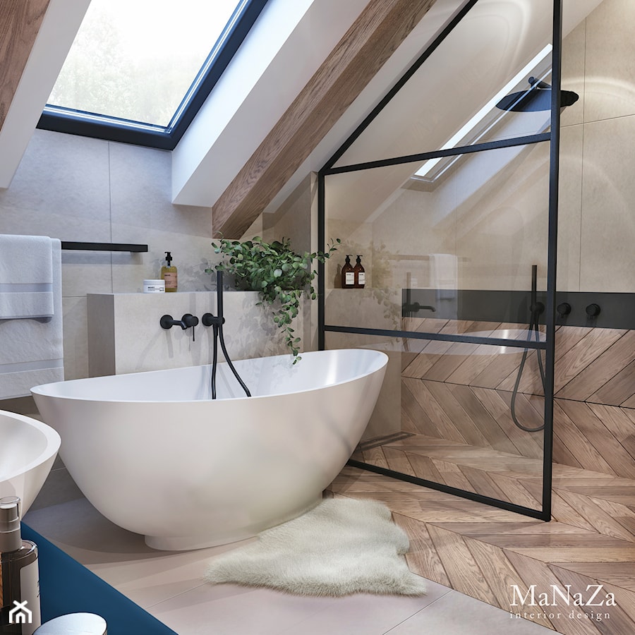 Łazienka na poddaszu - Średnia na poddaszu łazienka z oknem, styl skandynawski - zdjęcie od MaNaZa