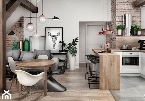 mieszkanie na poddaszu - Mały biały salon z kuchnią z jadalnią, styl skandynawski - zdjęcie od MaNaZa