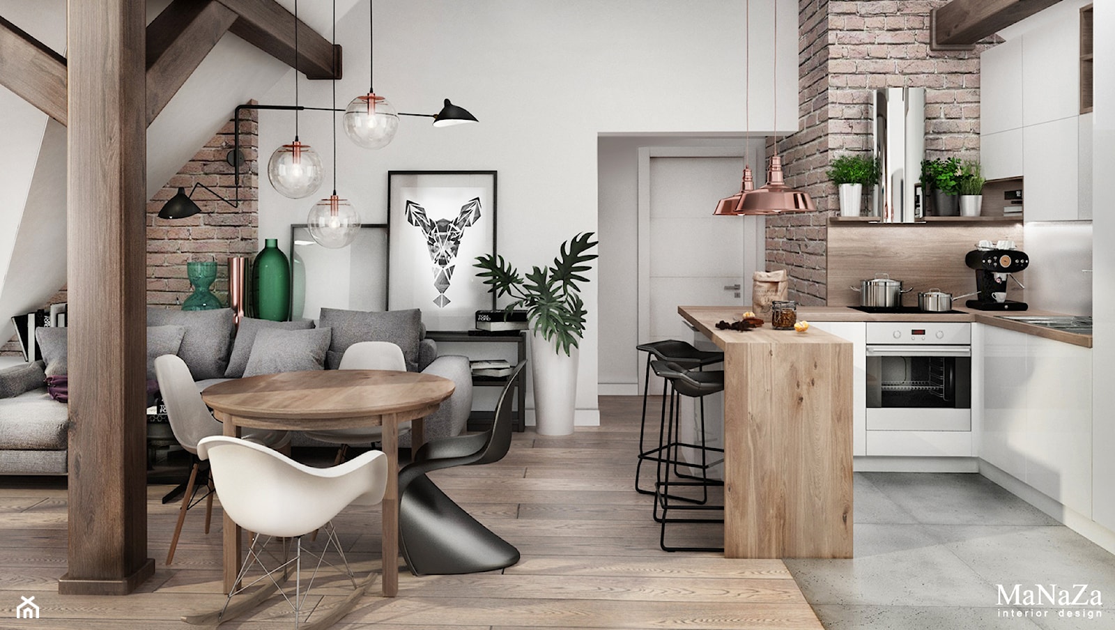 mieszkanie na poddaszu - Mały biały salon z kuchnią z jadalnią, styl skandynawski - zdjęcie od MaNaZa - Homebook