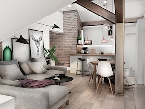 mieszkanie na poddaszu - Mały biały salon z kuchnią z jadalnią z bibiloteczką, styl skandynawski - zdjęcie od MaNaZa