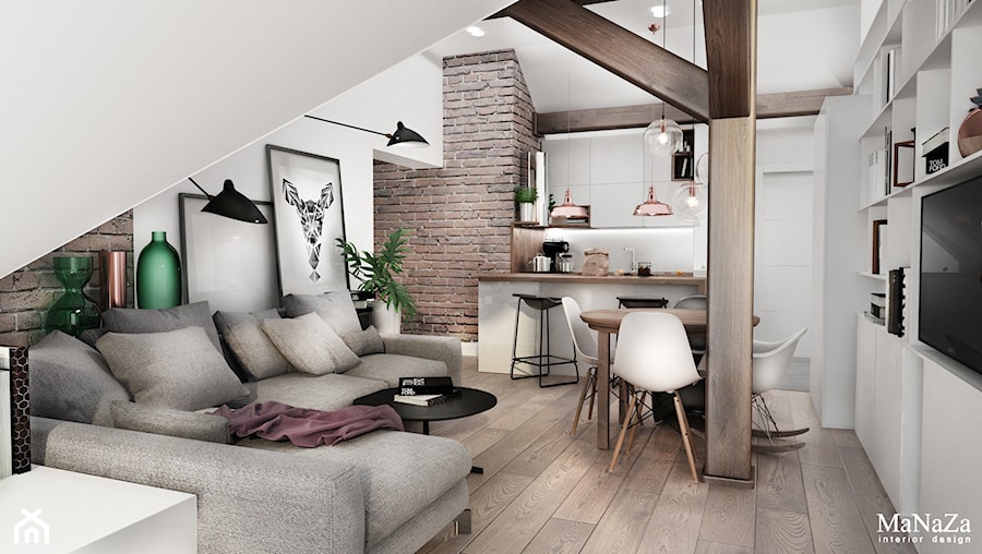 mieszkanie na poddaszu - Mały biały salon z kuchnią z jadalnią z bibiloteczką, styl skandynawski - zdjęcie od MaNaZa