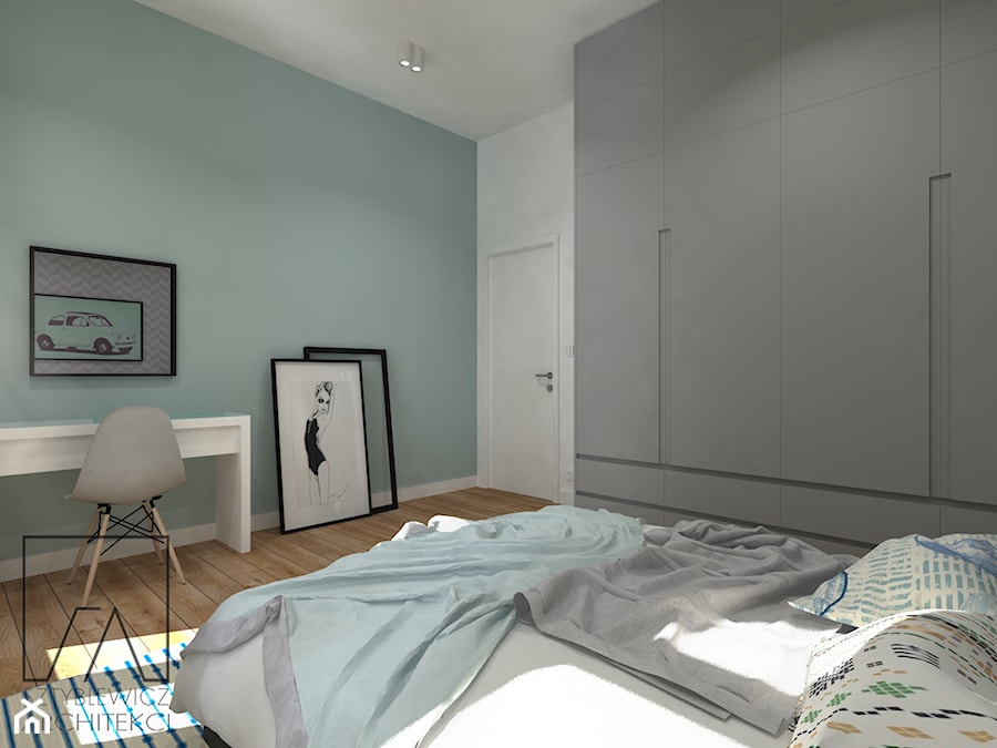 MIESZKANIA LOFT / WERSJA 2 - Średnia biała szara zielona z biurkiem sypialnia, styl industrialny - zdjęcie od SZTYBLEWICZ_architekci