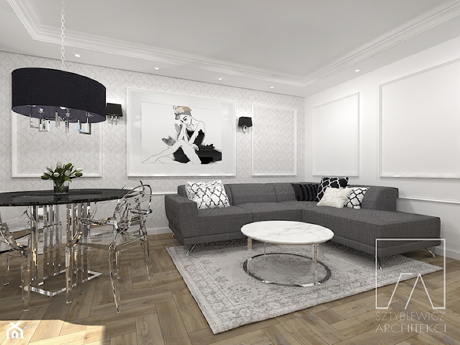 Mieszkanie // Poznań - Średni beżowy biały salon z jadalnią, styl tradycyjny - zdjęcie od SZTYBLEWICZ_architekci