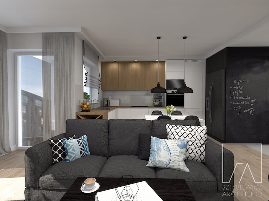 Mieszkanie // Wronki - Średni biały czarny salon z kuchnią z jadalnią, styl nowoczesny - zdjęcie od SZTYBLEWICZ_architekci