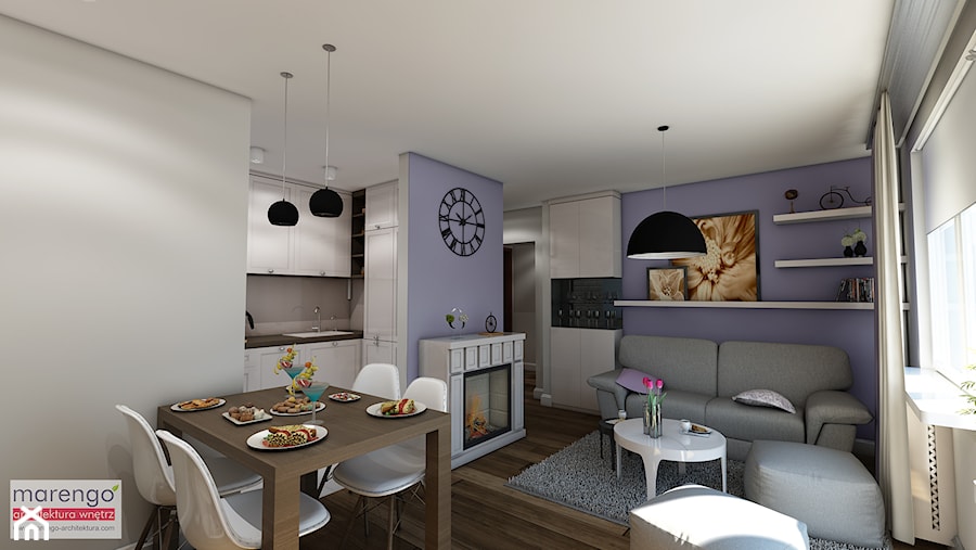 Nowoczesne mieszkanie w stylu prowansalskim - Mały fioletowy szary salon z kuchnią z jadalnią, styl prowansalski - zdjęcie od Marengo Architektura Wnętrz Anna Knofliczek-Roman