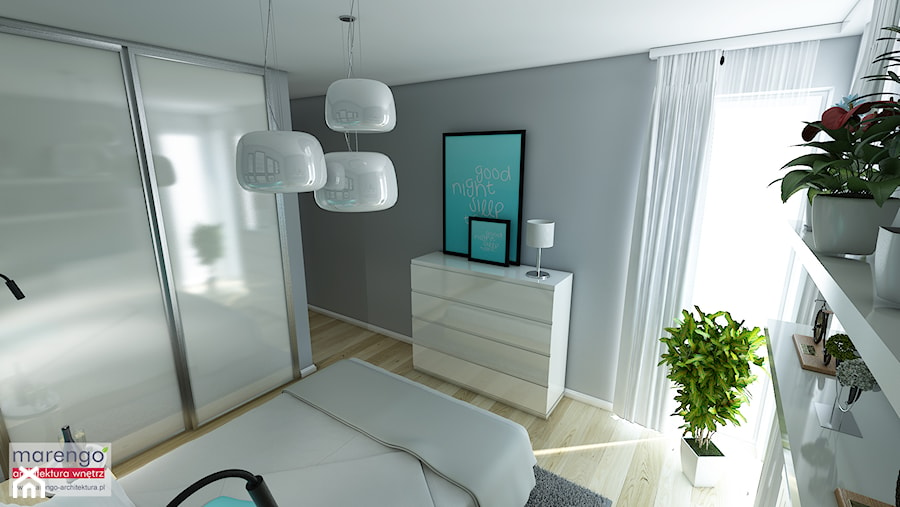 Rozświetlone wnętrze - Średnia biała szara sypialnia z balkonem / tarasem, styl skandynawski - zdjęcie od Marengo Architektura Wnętrz Anna Knofliczek-Roman