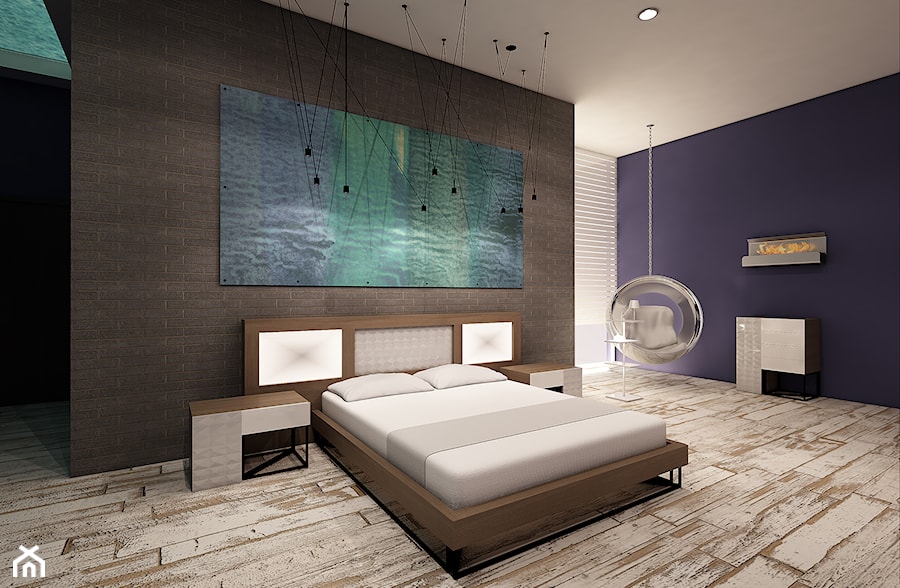 Nowoczesna sypialnia w stylu loft. - Duża czarna fioletowa sypialnia, styl nowoczesny - zdjęcie od Marengo Architektura Wnętrz Anna Knofliczek-Roman