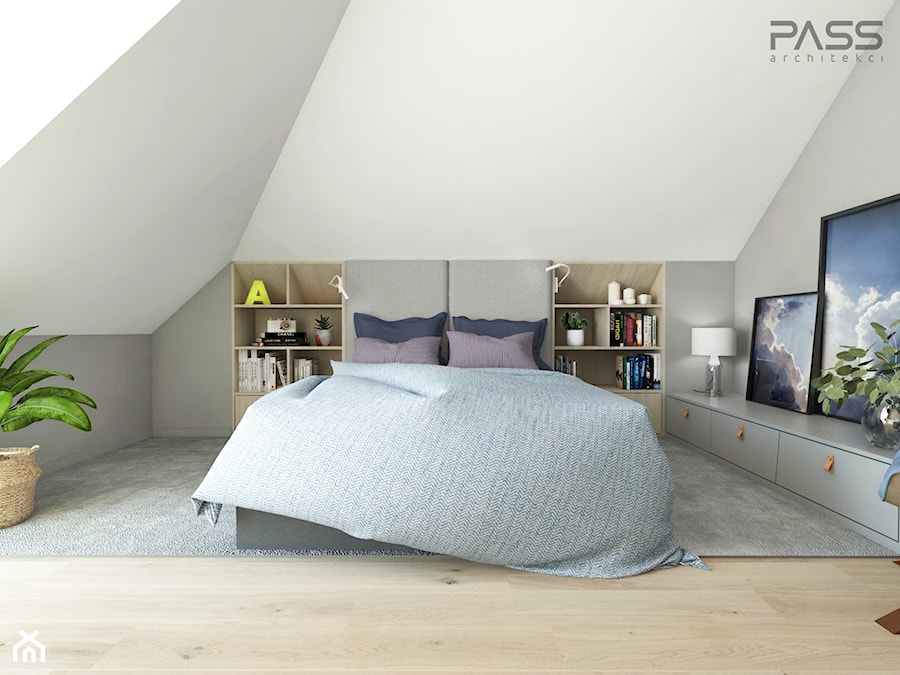 projekt 33 - Średnia biała szara sypialnia na poddaszu, styl nowoczesny - zdjęcie od PASS architekci