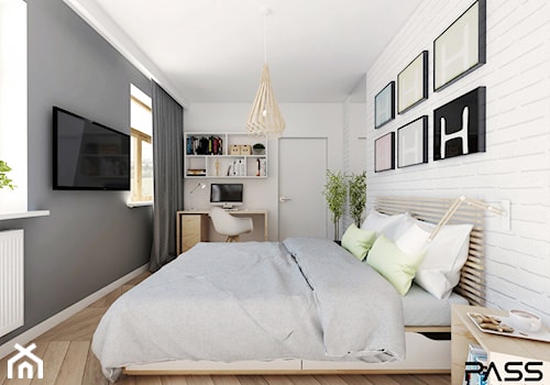 Projekt 17 - Duża biała szara z biurkiem sypialnia, styl skandynawski - zdjęcie od PASS architekci