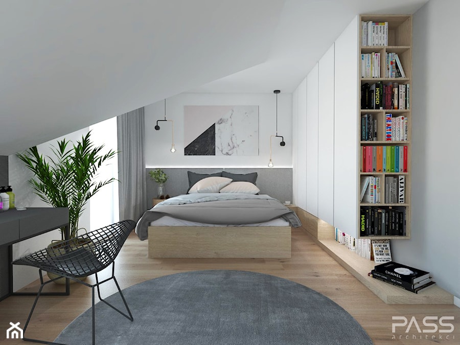 Projekt 31 - Średnia biała sypialnia na poddaszu, styl nowoczesny - zdjęcie od PASS architekci