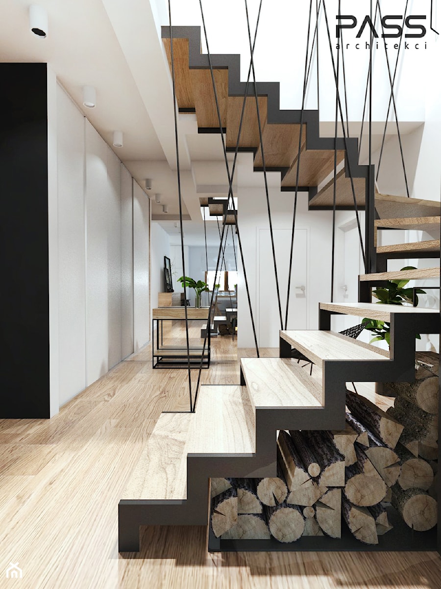 Projekt 18 - Schody wachlarzowe drewniane metalowe, styl skandynawski - zdjęcie od PASS architekci