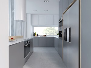 Projekt 32 - Duża otwarta szara z zabudowaną lodówką kuchnia w kształcie litery l z wyspą lub półwyspem z oknem, styl minimalistyczny - zdjęcie od PASS architekci