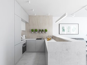 Projekt 19 - Średnia otwarta biała z zabudowaną lodówką z nablatowym zlewozmywakiem kuchnia w kształcie litery u z wyspą lub półwyspem, styl nowoczesny - zdjęcie od PASS architekci