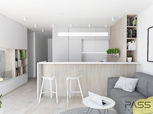 Projekt 19 - Mała otwarta z salonem biała z zabudowaną lodówką kuchnia w kształcie litery u, styl nowoczesny - zdjęcie od PASS architekci