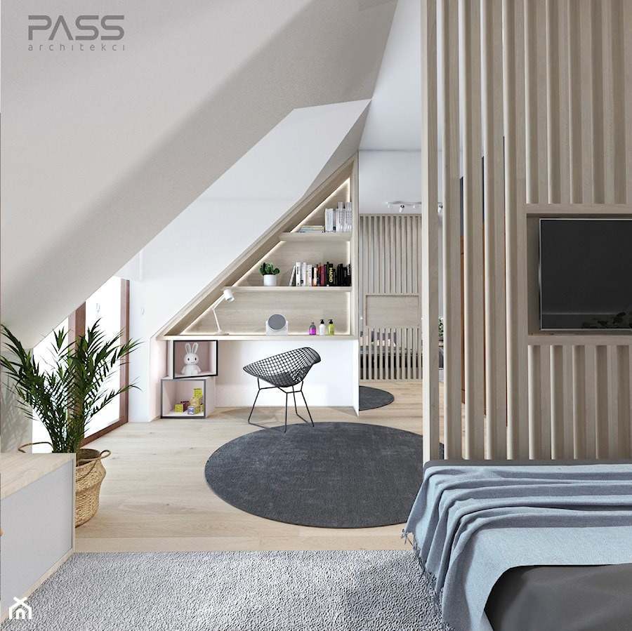 projekt 33 - Średnia biała z biurkiem sypialnia na poddaszu z balkonem / tarasem, styl skandynawski - zdjęcie od PASS architekci