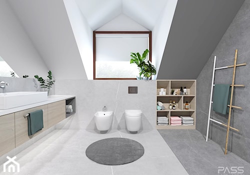projekt 33 - Średnia na poddaszu z lustrem z marmurową podłogą łazienka z oknem, styl nowoczesny - zdjęcie od PASS architekci