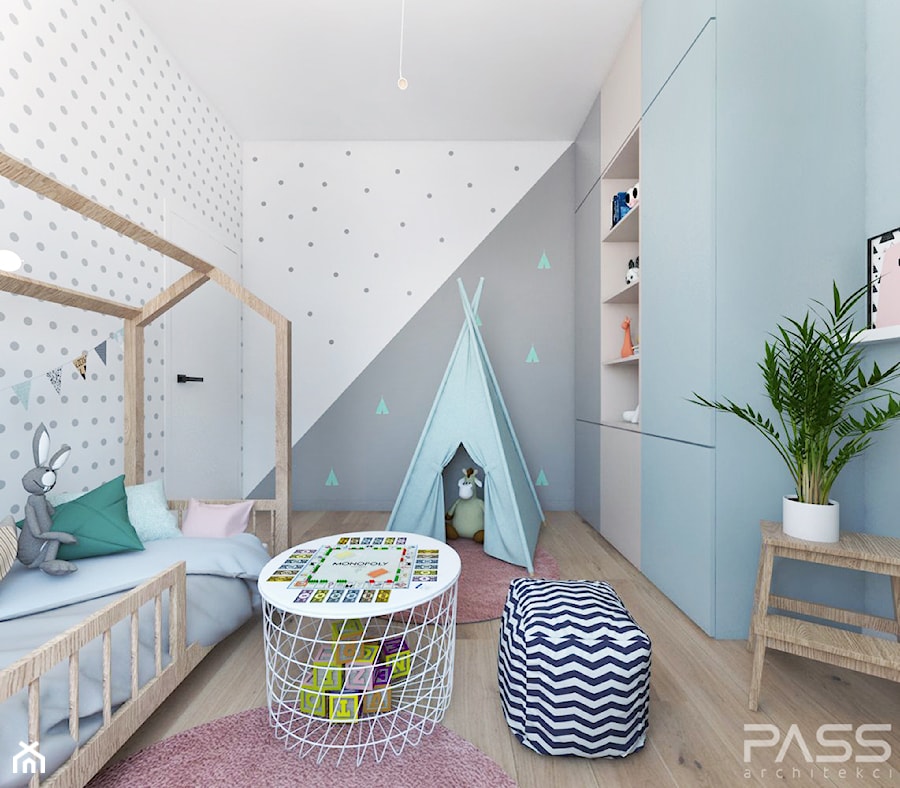 Projekt 30 - Średni biały szary niebieski pokój dziecka dla dziecka dla chłopca dla dziewczynki, styl skandynawski - zdjęcie od PASS architekci
