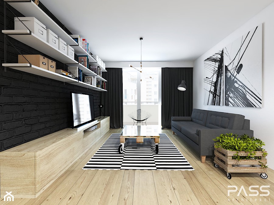projekt 15 - Średni biały czarny salon z tarasem / balkonem, styl industrialny - zdjęcie od PASS architekci