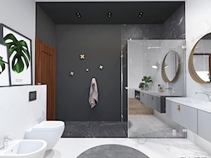 projekt 33 - Średnia z lustrem z marmurową podłogą z punktowym oświetleniem łazienka z oknem, styl skandynawski - zdjęcie od PASS architekci
