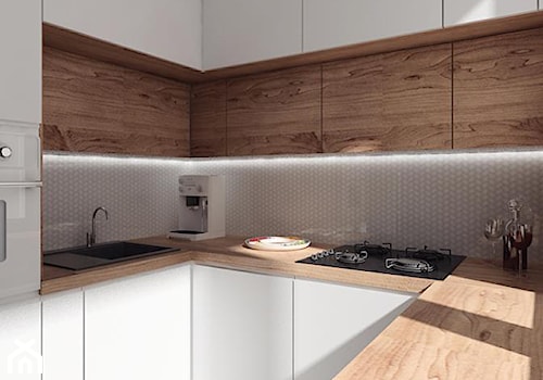 projekt 10 - Mała biała brązowa z zabudowaną lodówką z podblatowym zlewozmywakiem kuchnia w kształcie litery u z kompozytem na ścianie nad blatem kuchennym, styl nowoczesny - zdjęcie od PASS architekci