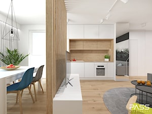 Projekt 26 - Średnia otwarta z salonem biała z zabudowaną lodówką z nablatowym zlewozmywakiem kuchnia jednorzędowa z oknem, styl nowoczesny - zdjęcie od PASS architekci
