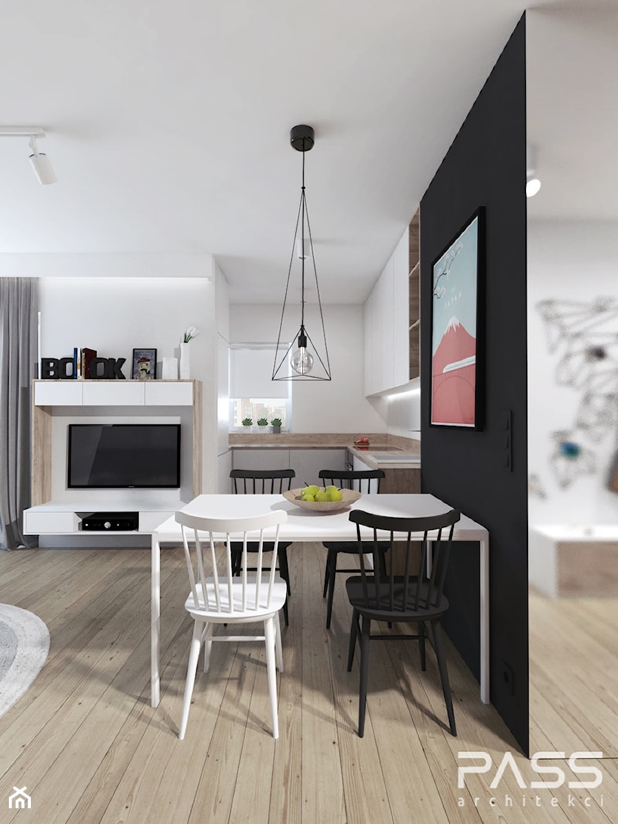 projekt 16 - Średnia biała czarna jadalnia w salonie, styl skandynawski - zdjęcie od PASS architekci