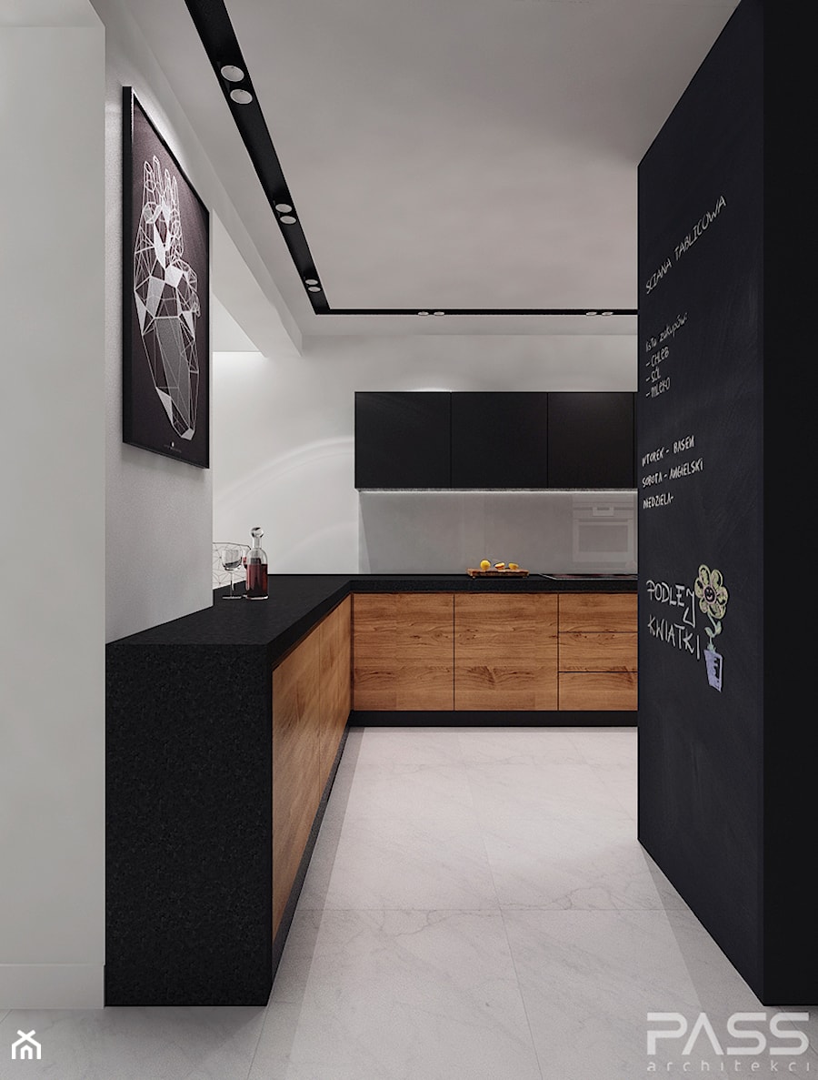 projekt 11 - Duża otwarta biała kuchnia w kształcie litery l z kompozytem na ścianie nad blatem kuchennym, styl nowoczesny - zdjęcie od PASS architekci