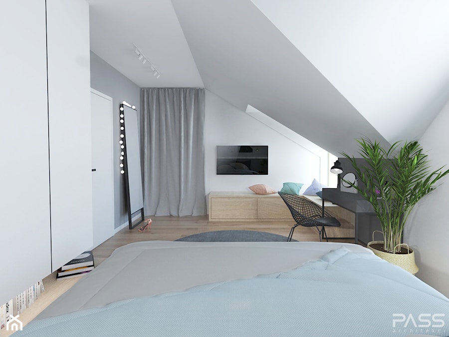 Projekt 31 - Średnia biała szara sypialnia na poddaszu, styl nowoczesny - zdjęcie od PASS architekci