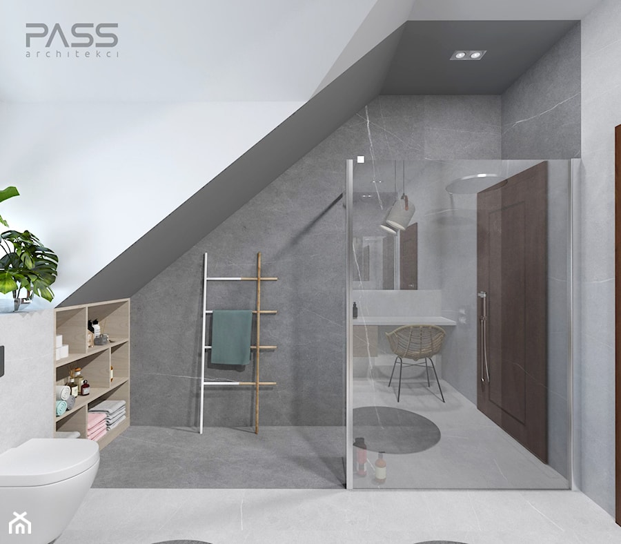 projekt 33 - Duża na poddaszu jako pokój kąpielowy z lustrem z punktowym oświetleniem łazienka z oknem, styl nowoczesny - zdjęcie od PASS architekci
