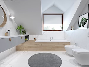 projekt 33 - Średnia na poddaszu z lustrem z marmurową podłogą łazienka z oknem, styl skandynawski - zdjęcie od PASS architekci