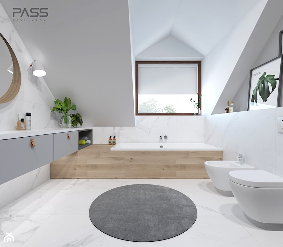 projekt 33 - Średnia na poddaszu z lustrem z marmurową podłogą łazienka z oknem, styl skandynawski - zdjęcie od PASS architekci