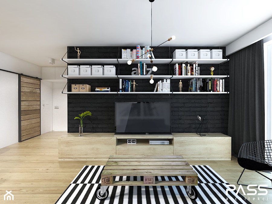 projekt 15 - Średni biały czarny salon, styl industrialny - zdjęcie od PASS architekci