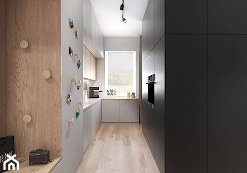 Projekt 30 - Mała otwarta z salonem biała z zabudowaną lodówką kuchnia jednorzędowa z oknem, styl skandynawski - zdjęcie od PASS architekci