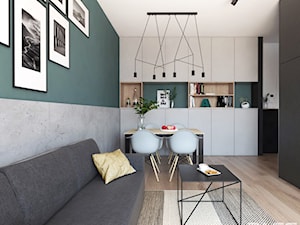 Projekt 30 - Średni szary zielony salon z kuchnią z jadalnią, styl skandynawski - zdjęcie od PASS architekci