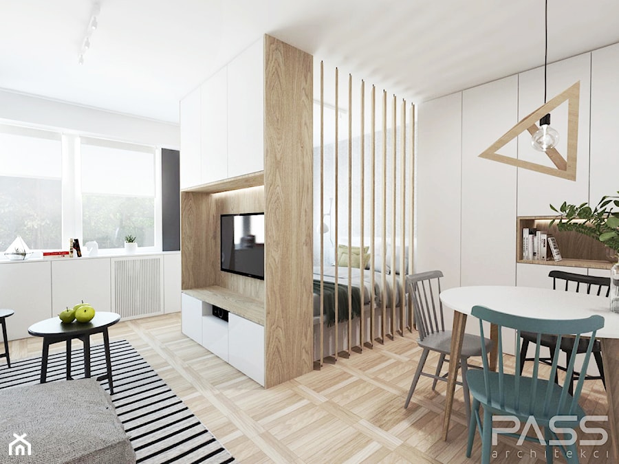 Projekt 28 - Średni biały szary salon z jadalnią, styl skandynawski - zdjęcie od PASS architekci