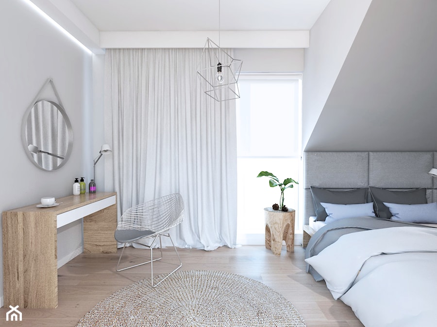 Projekt 20 / Jabłonna Warszawa - Średnia biała szara sypialnia na poddaszu, styl nowoczesny - zdjęcie od PASS architekci