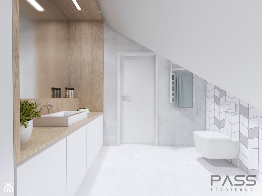 Projekt 21 - Mała na poddaszu bez okna łazienka, styl skandynawski - zdjęcie od PASS architekci
