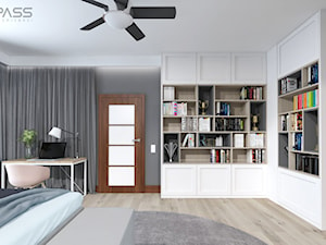 projekt 33 - Średnia biała szara z biurkiem sypialnia, styl skandynawski - zdjęcie od PASS architekci