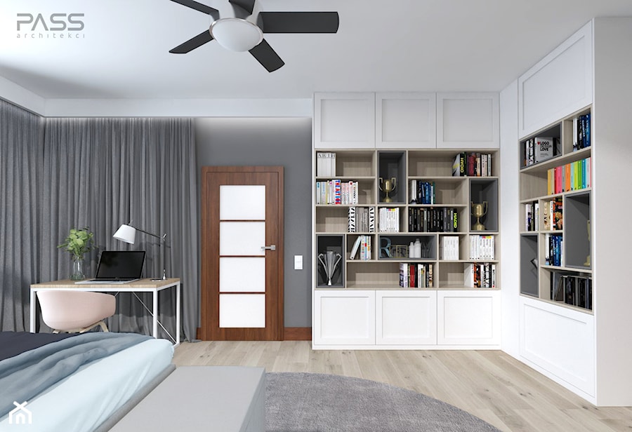 projekt 33 - Średnia biała szara z biurkiem sypialnia, styl skandynawski - zdjęcie od PASS architekci