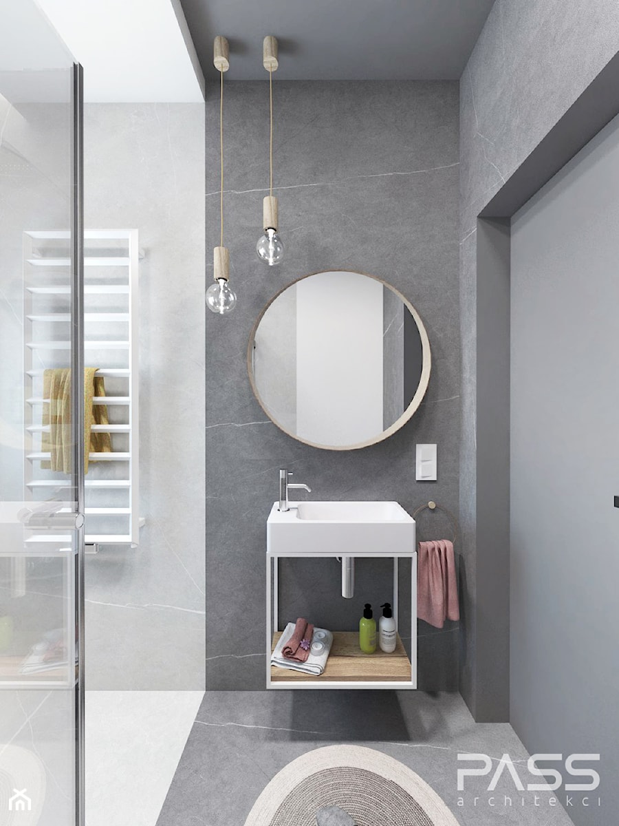 Projekt 32 - Mała bez okna z lustrem z marmurową podłogą łazienka, styl nowoczesny - zdjęcie od PASS architekci
