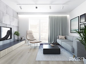 Projekt 25 - Średni biały szary salon z tarasem / balkonem, styl nowoczesny - zdjęcie od PASS architekci