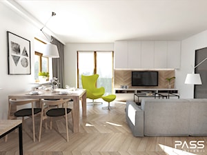 Projekt 17 - Średni biały salon z jadalnią z tarasem / balkonem, styl skandynawski - zdjęcie od PASS architekci