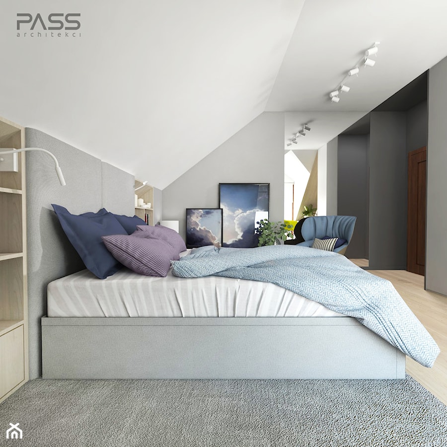 projekt 33 - Średnia czarna szara sypialnia na poddaszu, styl nowoczesny - zdjęcie od PASS architekci