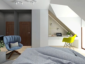 projekt 33 - Średnia biała czarna szara z biurkiem sypialnia na poddaszu z balkonem / tarasem, styl nowoczesny - zdjęcie od PASS architekci