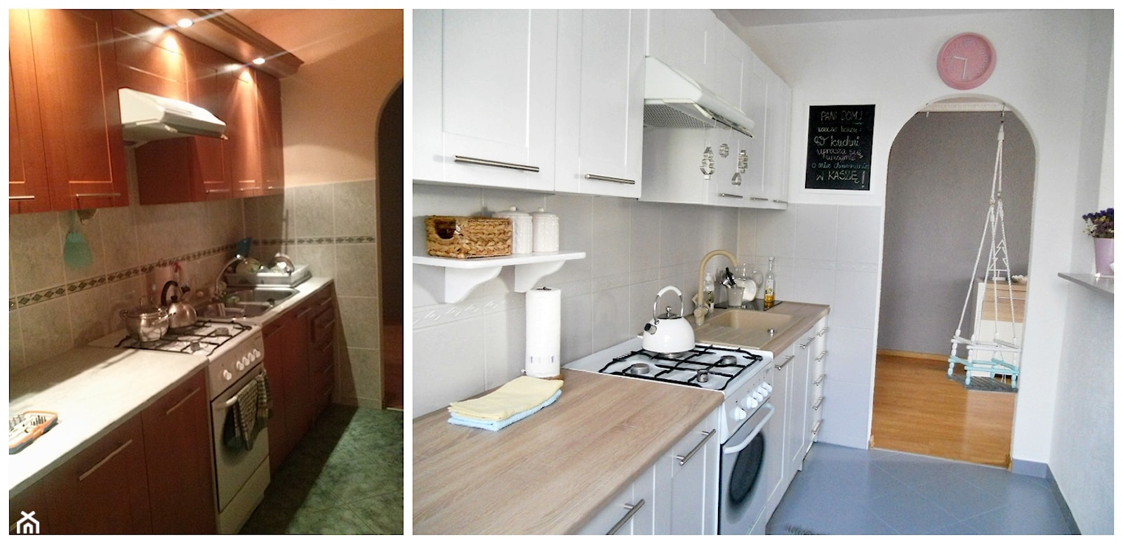 Metamorfoza kuchni tanim kosztem - Średnia otwarta z salonem biała z zabudowaną lodówką z podblatowym zlewozmywakiem kuchnia jednorzędowa - zdjęcie od Olga88 - Homebook
