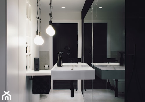 projekt mieszkania w Luboniu - Mała bez okna z lustrem z marmurową podłogą z punktowym oświetleniem łazienka, styl minimalistyczny - zdjęcie od marina suchorska architektura wnętrz