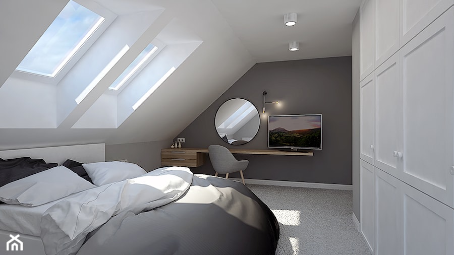 projekt domu w Suchym Lesie - Średnia biała szara sypialnia na poddaszu, styl nowoczesny - zdjęcie od marina suchorska architektura wnętrz