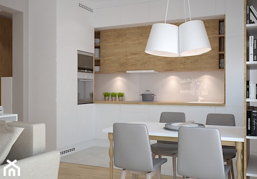 Projekt mieszkania w Poznaniu - Średnia biała jadalnia w salonie w kuchni, styl nowoczesny - zdjęcie od marina suchorska architektura wnętrz